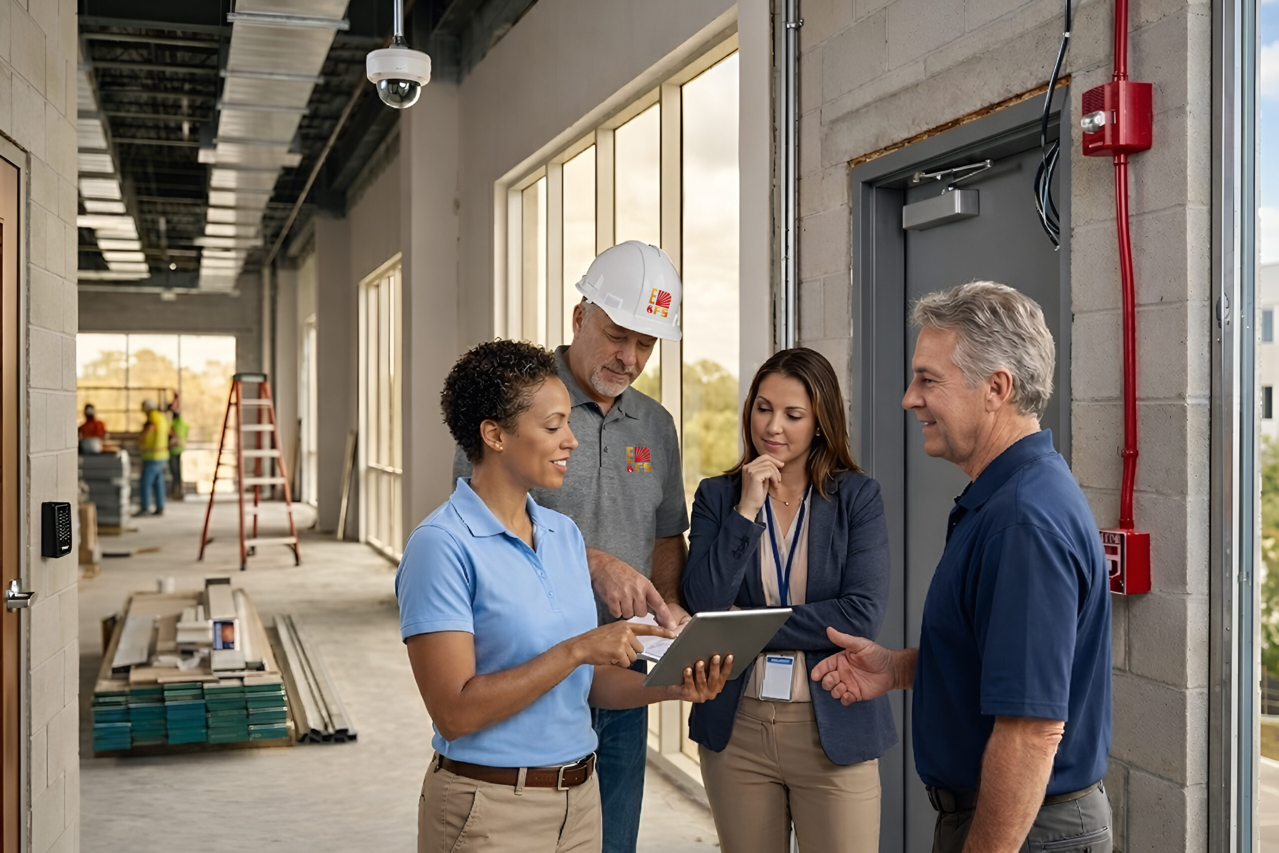 Four people discussing security plans - Elite Fire & Security