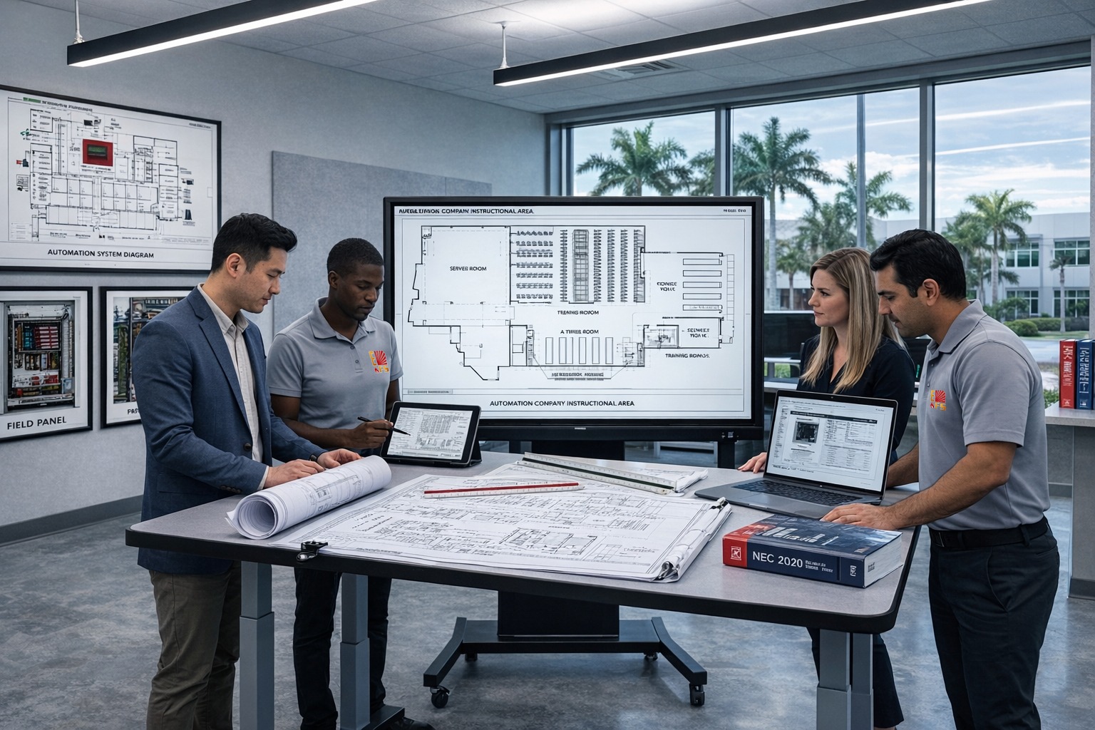 Four people review technical diagrams for security - Elite Fire & Security