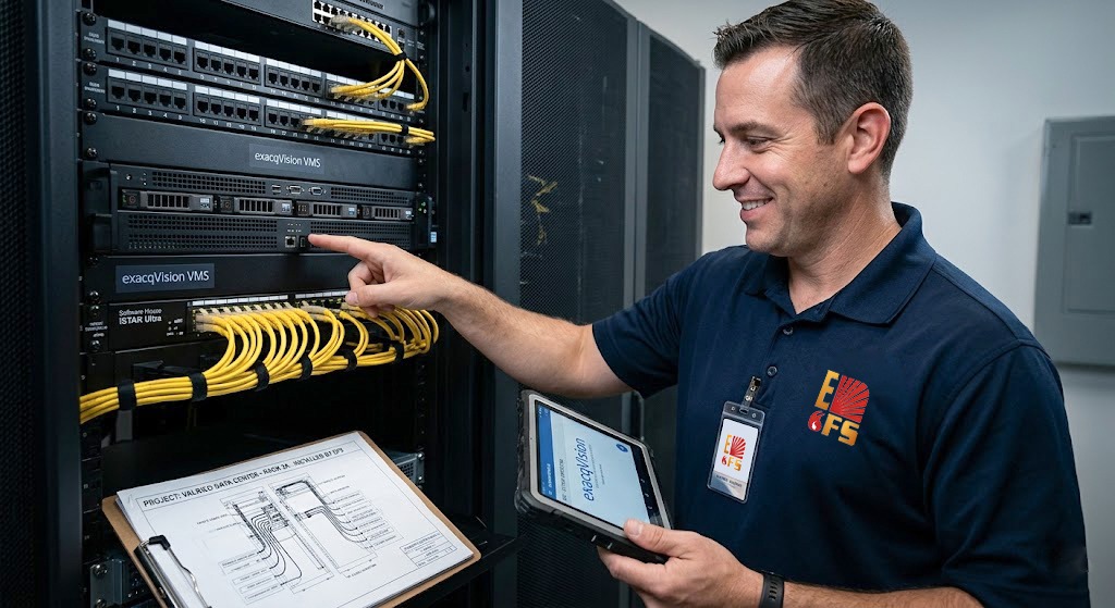 Man points at exacqVision server equipment - Elite Fire & Security